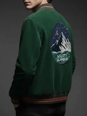 Marty Supreme Green Bomber Jacket back view showing rear design, shape, and smooth bomber finish