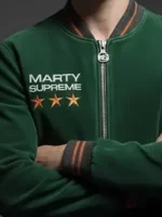 Marty Supreme Green Bomber Jacket close-up view showing texture, stitching, and bomber details