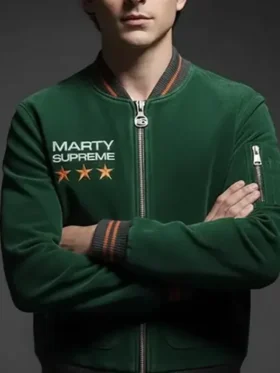 Marty Supreme Green Bomber Jacket front view showing front design, fit, and clean bomber detailing