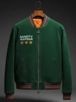 Marty Supreme Green Bomber Jacket view showing full shape, clean fit, and green bomber style detail