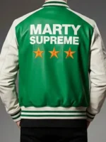 Marty Supreme Green Varsity Jacket back look view showing rear style, shape, and clean finishing