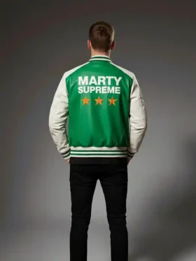 Marty Supreme Green Varsity Jacket back view showing rear design, shape, and smooth varsity finish