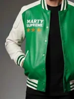 Marty Supreme Green Varsity Jacket closure view showing fastening detail and front finish clearly