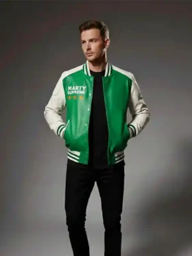 Marty Supreme Green Varsity Jacket front view showing the front design, fit, and clean varsity detail