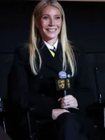 A detailed macro shot of the premium wool-blend fabric and fine hardware on the Marty Supreme Gwyneth Paltrow Black Coat.