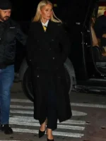 A full-length lifestyle profile of the Marty Supreme Gwyneth Paltrow Black Coat showcasing its elegant drape and minimalist design.