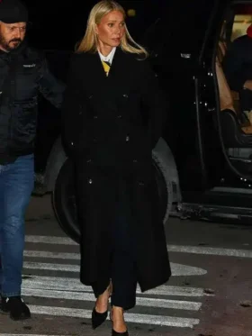 A full-length lifestyle profile of the Marty Supreme Gwyneth Paltrow Black Coat showcasing its elegant drape and minimalist design.