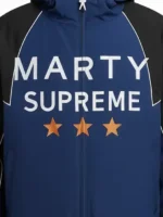 Marty Supreme Hooded Jacket close up view showing fabric texture and fine stitching construction