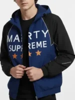 Marty Supreme Hooded Jacket closure view showing front fastening and closure construction detail