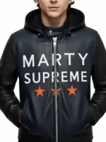 Marty Supreme Hooded Leather Jacket front view showing front design, hood detail, and sharp fit