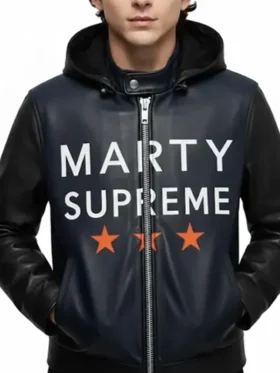 Marty Supreme Hooded Leather Jacket front view showing front design, hood detail, and sharp fit