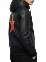 Marty Supreme Hooded Leather Jacket side view showing profile fit, hood shape, and clean style