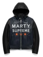 Marty Supreme Hooded Leather Jacket view look showing full shape, hood design, and leather finish