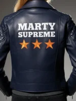Marty Supreme Navy Biker Jacket back view showing rear design, shape, and smooth biker finish