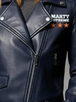 Marty Supreme Navy Biker Jacket close-up view showing texture, stitching, and biker detail clearly