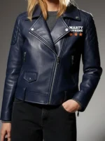Marty Supreme Navy Biker Jacket front view showing the front design, fit, and clean biker detail
