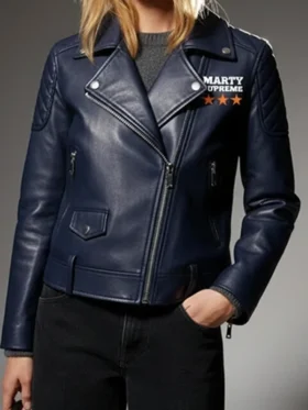 Marty Supreme Navy Biker Jacket front view showing the front design, fit, and clean biker detail