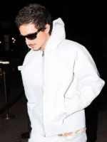 A lifestyle angle of the Timothee Chalamet Grey Hooded Jacket inspired by modern city fashion.