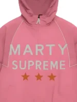 Marty Supreme Pink Pullover Hoodie close-up view showing fabric texture and stitching details