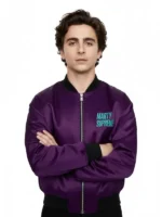 Marty Supreme Purple Satin Jacket front view showing full silhouette and rich glossy purple satin
