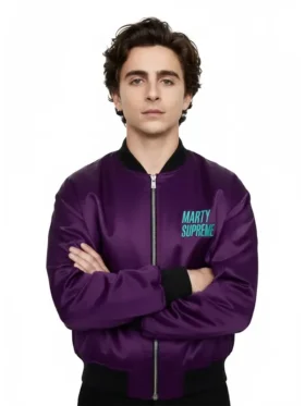 Marty Supreme Purple Satin Jacket front view showing full silhouette and rich glossy purple satin