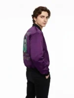 Marty Supreme Purple Satin Jacket side view showing sleeve length and rich purple satin profile