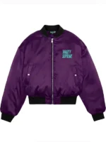 Marty Supreme Purple Satin Jacket view look showing design detail and rich glossy purple satin finish