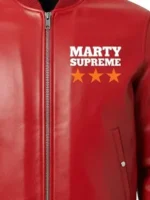 Marty Supreme Red Bomber Jacket close-up view showing stitching, texture, and fine detail finish