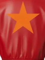 Marty Supreme Red Bomber Jacket design view showing texture, shape, and signature bomber details