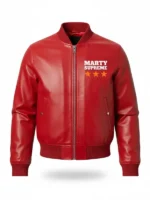 Marty Supreme Red Bomber Jacket front view showing bold red design, clean fit, and zipper detail