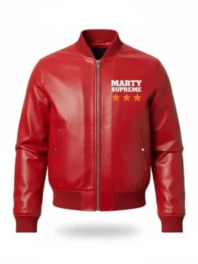 Marty Supreme Red Bomber Jacket front view showing bold red design, clean fit, and zipper detail