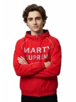 Marty Supreme Red Jacket front view showing the front design, structure, and sharp overall fit