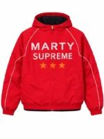 Marty Supreme Red Jacket view look showing the full design, fit, and bold red streetwear style