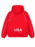 Marty Supreme Red Jacket zip up view showing zipper detail, front styling, and clean design finish