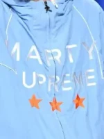 Marty Supreme Timothée Chalamet Blue Jacket close view showing material texture, stitching, and fine design details