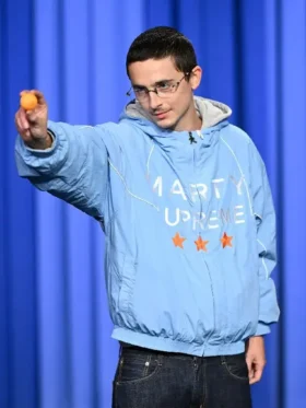 Marty Supreme Timothée Chalamet Blue Jacket front view highlighting the front design, structure, and clean detailing