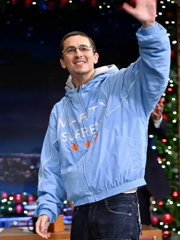 Marty Supreme Timothée Chalamet Blue Jacket full view showing overall design, fit, and modern streetwear style