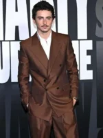 The front side of the Marty Supreme Timothee Chalamet Brown Suit featuring classic notched lapels and secure fastening.