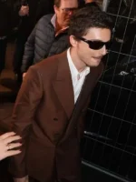 A side profile view of the Marty Supreme Timothee Chalamet Brown Suit highlighting the smooth textile and clean seams.