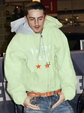 Marty Supreme Timothée Chalamet Green Jacket front view showing the front design, fit, and neat detail