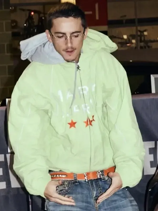 Marty Supreme Timothée Chalamet Green Jacket front view showing the front design, fit, and neat detail