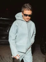 A detailed display of the Marty Supreme style elements on the Timothee Chalamet Grey Hooded Jacket.