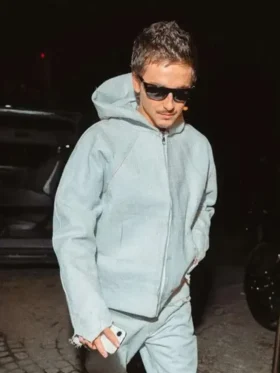 A detailed display of the Marty Supreme style elements on the Timothee Chalamet Grey Hooded Jacket.