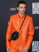 Marty Supreme Timothée Chalamet Leather Blazer view showing the full shape, fit, and sleek style