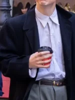 Marty Supreme Timothée Chalamet Long Black Coat close view showing texture, stitching, and design detail