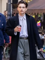 Marty Supreme Timothée Chalamet Long Black Coat front view showing front design, structure, and sleek fit