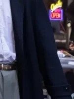 Marty Supreme Timothée Chalamet Long Black Coat look up view showing upper design, collar, and sharp style