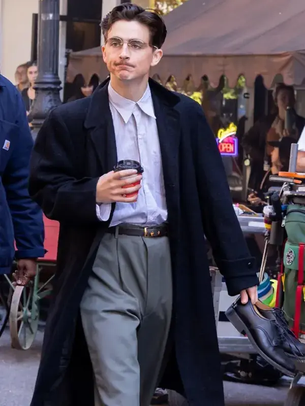 Marty Supreme Timothée Chalamet Long Black Coat view look showing full length, clean fit, and bold style