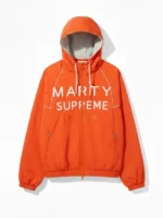Timothee Chalamet Marty Supreme Orange Jacket front view showing full silhouette and bold orange finish
