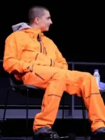 A detailed look at the premium branding and textile quality of the Timothee Chalamet Marty Supreme Orange Tracksuit.